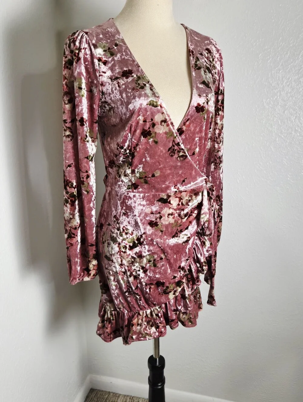 Free People Pink & Maroon Crushed Velvet Floral Wrap Mini-Dress, Size SP